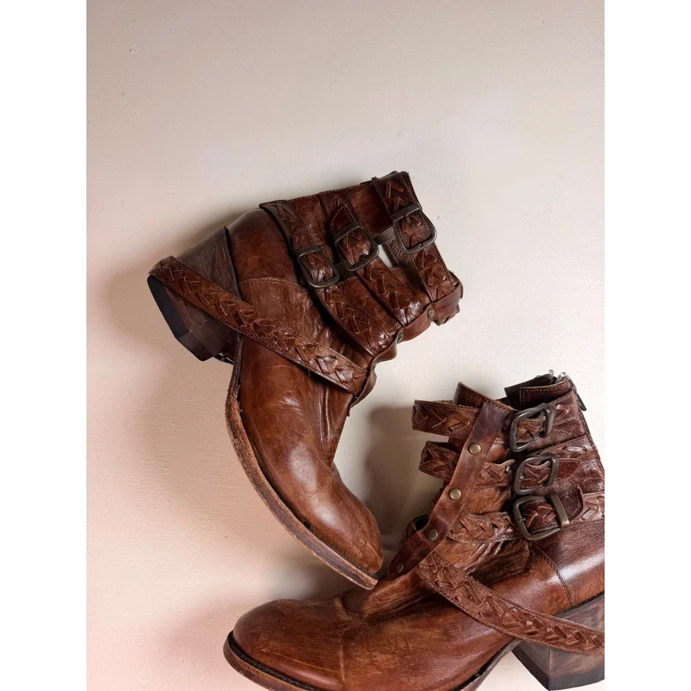 Bed Stu Glaye‎ Ankle Boots Womens Brown Size 8 Braided Triple Buckle Leather